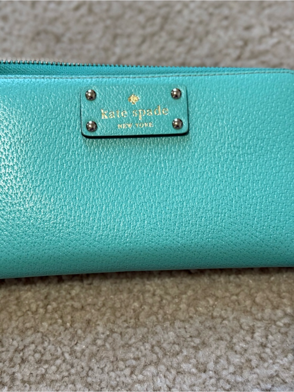 kate spade Teal Pebbled Leather Zip Wallet with Gold Logo